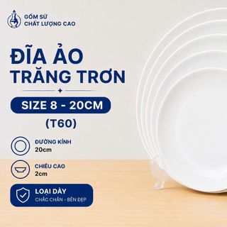 ĐĨA SỨ ẢO TRẮNG TRƠN SIZE 8 - 20CM (T60)