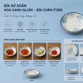 ĐĨA SỨ XOẮN HOA XANH GL290 ĐĨA CHẤM (T300)