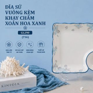 ĐĨA SỨ VUÔNG KÈM KHAY CHẤM XOẮN HOA XANH GL290 (T36)