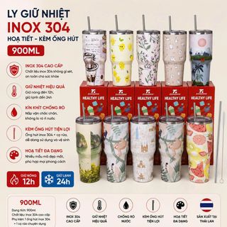 LY GIỮ NHIỆT INOX 304 HOẠ TIẾT 900ML KÈM ỐNG HÚT (T50)