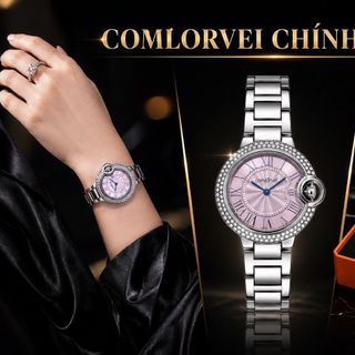 ĐỒNG HỒ NỮ CHÍNH HÃNG COMLORVEY THÉP MẶT HỒNG VIỀN ĐÁ FULLBOX