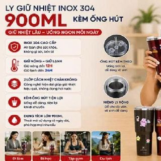 LY GIỮ NHIỆT INOX 304 HOẠ TIẾT BÓNG 900ML KÈM ỐNG HÚT (T50)