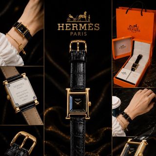 ĐỒNG HỒ NỮ CAO CẤP HREMES DÂY DA FULL ĐEN NIỀNG VÀNG MẶT KÍNH LỒI