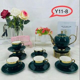 BỘ BÌNH TRÀ CHÉN SỨ XANH NGỌC NHỦ VÀNG KÈM 6 LY (T12)