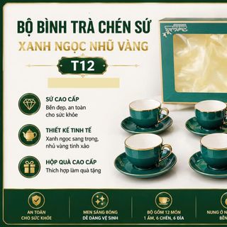 BỘ BÌNH TRÀ CHÉN SỨ XANH NGỌC NHỦ VÀNG KÈM 6 LY (T12)