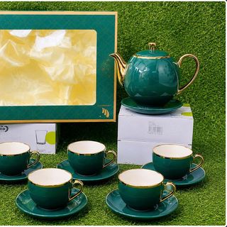 BỘ BÌNH TRÀ CHÉN SỨ XANH NGỌC NHỦ VÀNG KÈM 6 LY (T12)
