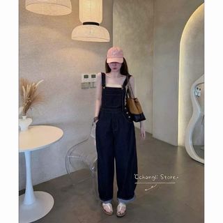 Quần yếm jeans xanh ống rộng