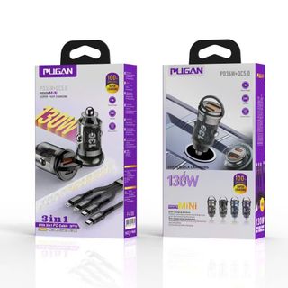 (BÁN SỈ) Tẩu Sạc Nhanh Ô Tô PUGAN 130W QC6.0 + PD30W Kèm Dây Sạc 3 Đầu, Sạc Xe Hơi 12V-24V Đa Năng