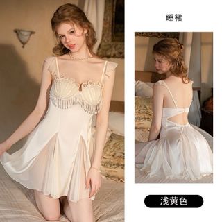 Set ngủ lụa phối ren ngọc trai