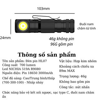 Camplos Đèn pin đội đầu đa năng hợp kim nhôm với đuôi nam châm đèn đội đầu 519A CRI90 sạc type C pin 18650 3000mAh