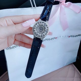 ĐỒNG HỒ NỮ SIÊU CẤP GRAF MẶT FULL XOÀN NHÂN TẠO  DÂY DA ĐEN CÁ SẤU