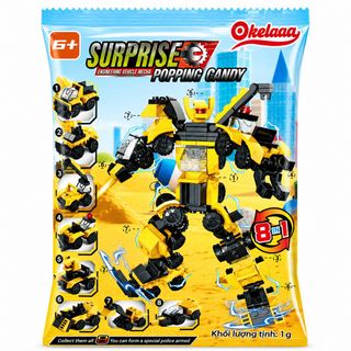 Đồ Chơi Lắp Ráp Xe Mini Biến Hình Robot 8in1 Kèm Kẹo Nổ Okelaaa Vị Dâu Cho Bé_SỈ 30c