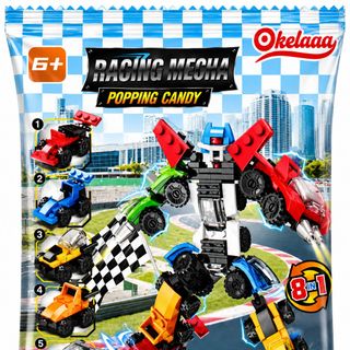 Đồ Chơi Lắp Ráp Xe Mini Biến Hình Robot 8in1 Kèm Kẹo Nổ Okelaaa Vị Dâu Cho Bé_SỈ 30c