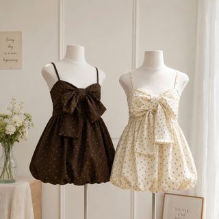 Áo Hai Dây Dáng Bí Babydoll Hoa Nhí Đính Nơ Bản To Nổi Bật