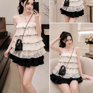 Set Áo Voan Tầng Hai Dây Viền Đen Phối Chân Váy Đen Bồng