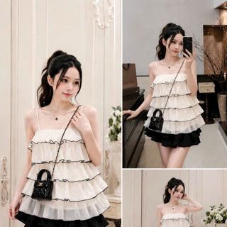 Set Áo Voan Tầng Hai Dây Viền Đen Phối Chân Váy Đen Bồng