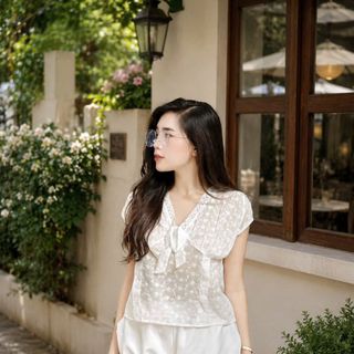 Bộ Đồ Nữ 2 Món Áo Kiểu Hai Dây Xếp Tầng Viền Ren Nơ Trước Ngực Kèm Quần Đùi Ngắn Siêu Xinh #125
