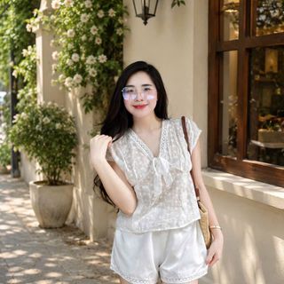 Bộ Đồ Nữ 2 Món Áo Kiểu Hai Dây Xếp Tầng Viền Ren Nơ Trước Ngực Kèm Quần Đùi Ngắn Siêu Xinh #125