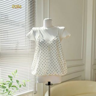 Set 2 Món Váy 2 Dây Chấm Bi Và Áo Thun Tăm Lạnh Cao Cấp #01234
