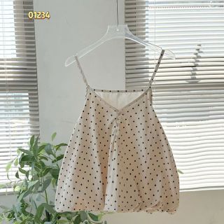 Set 2 Món Váy 2 Dây Chấm Bi Và Áo Thun Tăm Lạnh Cao Cấp #01234