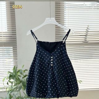 Set 2 Món Váy 2 Dây Chấm Bi Và Áo Thun Tăm Lạnh Cao Cấp #01234