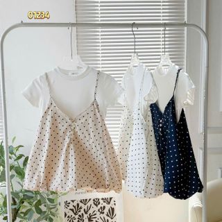 Set 2 Món Váy 2 Dây Chấm Bi Và Áo Thun Tăm Lạnh Cao Cấp #01234