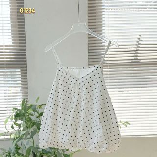 Set 2 Món Váy 2 Dây Chấm Bi Và Áo Thun Tăm Lạnh Cao Cấp #01234