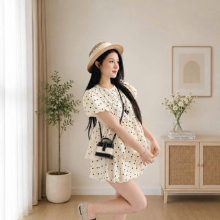 Set Đồ Bộ Hoa Nhí Chấm Bi Kiểu Dáng Babydoll Xinh Xắn Chất Vải Mango