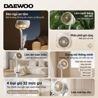 Quạt Tuần Hoàn Không Khí Daewoo AI Điều Khiển Giọng Nói 12 Cấp Gió Kiêm Đèn Ngủ