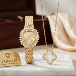SET ĐỒNG HỒ NỮ CHÍNH HÃNG FUNMEI FL2111 DÂY LƯỚI MẶT VUÔNG VIỀN ĐÁ KÈM DÂY CHUYỀN FULLBOX