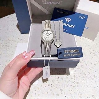 SET ĐỒNG HỒ NỮ CHÍNH HÃNG FUNMEI FL2145 MẶT DÂY LƯỚI LUẠ KÈM DÂY CHUYỀN FULLBOX