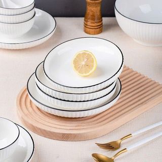 ĐĨA TRÒN SỨ VÂN SỌC TRẮNG VIỀN ĐEN SIZE 6 - 15CM (T100)