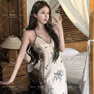 Váy Ngủ Lụa Hoa Nhí Viền Đen