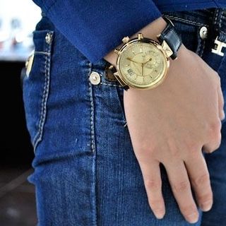 ĐỒNG HỒ NỮ CAO CẤP MICHAEL DÂY DA ĐEN CHONOGRAP MẶT VÀNG