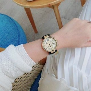ĐỒNG HỒ NỮ CAO CẤP MICHAEL DÂY DA ĐEN CHONOGRAP MẶT VÀNG
