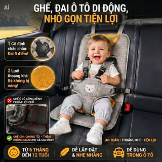 Đai, ghế ngồi ô tô BH Kids di động, nhỏ gọn, tiện lợi, an toàn cho bé từ 6 tháng -12 tuổi, dễ dàng sử dụng