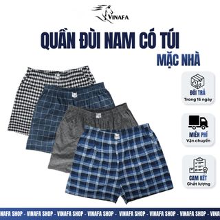 Quần đùi nam có túi mặc nhà VINAFA, quần đùi nam mặc nhà chất liệu Kate kẻ dệt mềm mại QD25