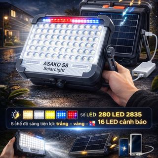 Đèn Năng Lượng Mặt Trời Asako KT01416 280 LED Pin 4500mAh Chống Nước IP66