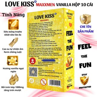 Bao cao su Love kiss Maxxmen Vanilla hộp 10 cái, siêu mỏng 002 truyền nhiệt, thơm ngọt, trơn mượt