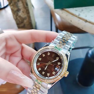 ĐỒNG HỒ NAM NỮ CAO CẤP ROLXE DÂY THÉP DEMI VÀNG MẶT NÂU KÍNH SAPHIRE VIỀN HỘT