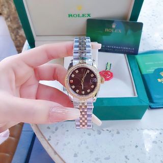 ĐỒNG HỒ NAM NỮ CAO CẤP ROLXE DÂY THÉP DEMI VÀNG MẶT NÂU KÍNH SAPHIRE VIỀN HỘT