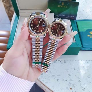 ĐỒNG HỒ NAM NỮ CAO CẤP ROLXE DÂY THÉP DEMI VÀNG MẶT NÂU KÍNH SAPHIRE VIỀN HỘT