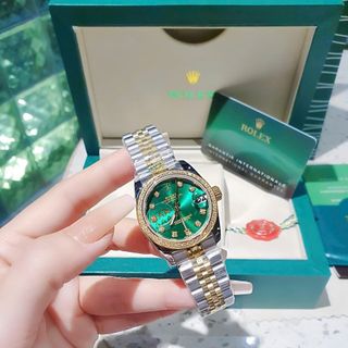 ĐỒNG HỒ NAM NỮ CAO CẤP ROLXE DÂY THÉP DEMI VÀNG MẶT XANH KÍNH SAPHIRE VIỀN HỘT