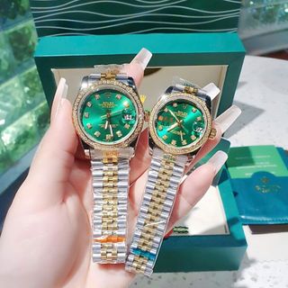 ĐỒNG HỒ NAM NỮ CAO CẤP ROLXE DÂY THÉP DEMI VÀNG MẶT XANH KÍNH SAPHIRE VIỀN HỘT