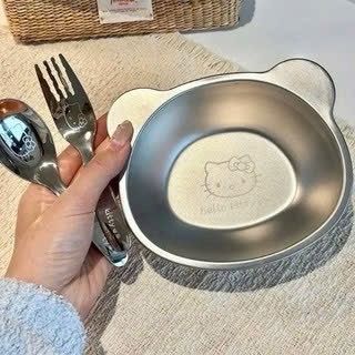 Bộ Bát Ăn Dặm Hình Mèo Kèm Thìa Và Dĩa Cho Bé Chất Liệu Inox 316