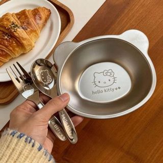 Bộ Bát Ăn Dặm Hình Mèo Kèm Thìa Và Dĩa Cho Bé Chất Liệu Inox 316