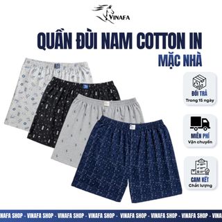 Quần đùi cotton in VINAFA họa tiết , quần đùi nam mặc nhà thấm hút tốt cho nam QD19