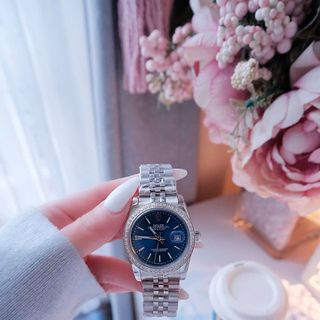 ĐỒNG HỒ NAM NỮ CAO CẤP ROLXE DÂY THÉP BẠC MẶT XANH KÍNH SAPHIRE VIỀN HỘT
