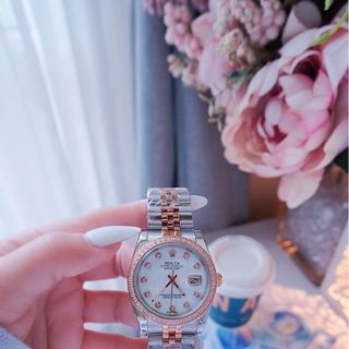 ĐỒNG HỒ NAM NỮ CAO CẤP ROLXE DÂY THÉP DEMI HỒNG MẶT XÀ CỪ KÍNH SAPHIRE VIỀN HỘT