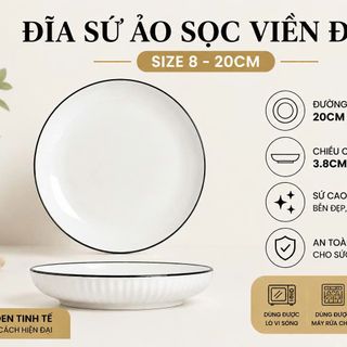 ĐĨA SỨ ẢO SỌC VIỀN ĐEN SIZE 8 - 20CM (T60)